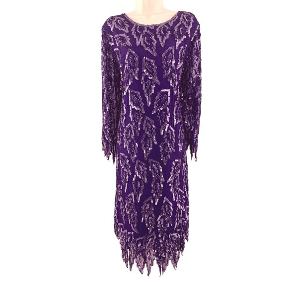 Carina Vintage Sequin Embellished Asymmetrical Silk Dress Size L Formal Event - Picture 1 of 9